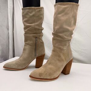 Crevo January beige Taupe Suede Slouchy Heeled Boots Women Size 8.5